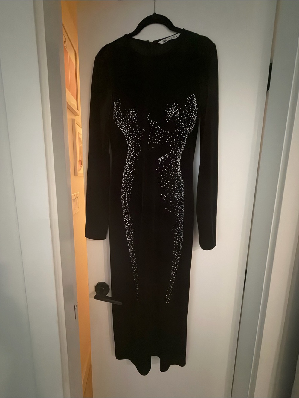 Zara Black Long Sleeve Rhinestone-Detail Bodycon Dress